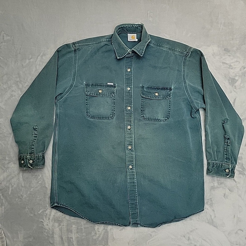 VTG Carhartt Canvas Shirt Mens XL Green Heavyweight Twill Workwear Grunge Shirt